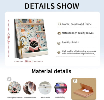 Funny Black Cat Bathroom Wall Art, Bathroom Animal Pictures Canvas Prints, Framed Cute Cat Posters Wall Decor for Living Room Bedroom Toilet Kids Room Wall Paintings 16x24 inch