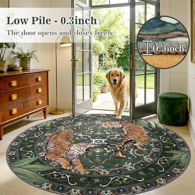 8Ft Round Tiger Washable Rugs for Living Room, Boho Green Animal Print Bedroom Circle Rugs Non Slip, Botanical Jungle Floor Carpet for Dining Room Entryway Nursery Playroom Office