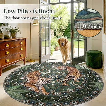 8Ft Round Tiger Washable Rugs for Living Room, Boho Green Animal Print Bedroom Circle Rugs Non Slip, Botanical Jungle Floor Carpet for Dining Room Entryway Nursery Playroom Office