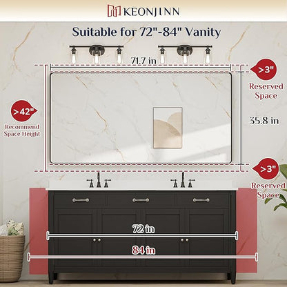 Keonjinn Black Bathroom Mirror for Over Sink, 72 x 36 Inch Large Rounded Rectangle Bathroom Vanity Mirror, Matte Black Sandblasted Finish, HD Tempered Glass, Seamless Metal Frame(Horizontal/Vertical)