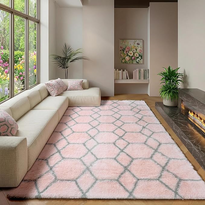 ONASAR 6x9 Area Rugs for Living Room Bedroom, Large Fluffy Pink and Grey Throw Rug, Geometric Soft Plush Shaggy Fuzzy Floor Carpet for Nursery Kids Girls Boys Teen Dorm Home Office Decor