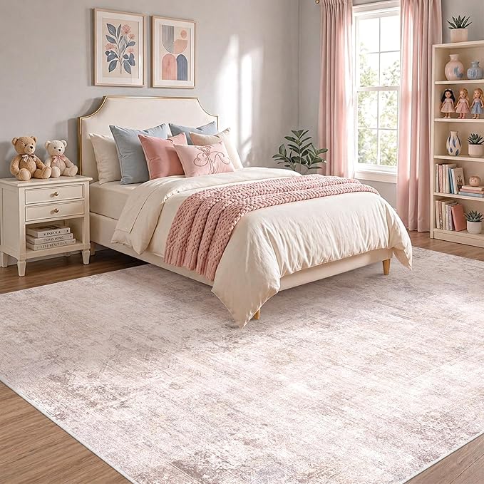 Pink and Grey Living Room Rug 8x10 - Modern Distressed Medallion Area Rug for Dining Room Under Table, Bedroom, Washable Non Slip High Traffic Low Pile Thin Floor Carpet
