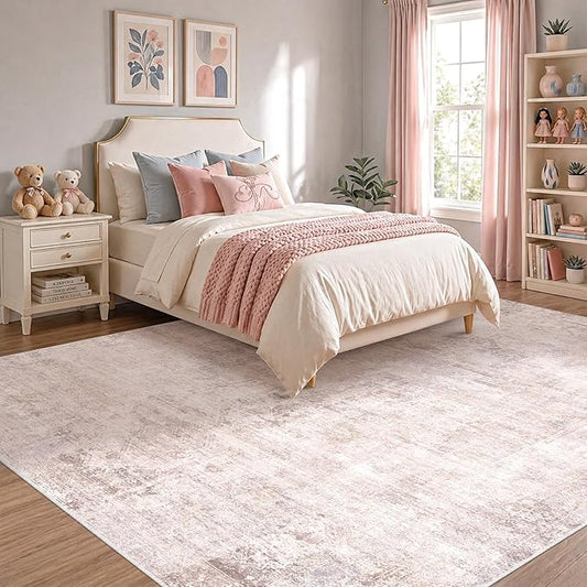 Pink and Grey Living Room Rug 8x10 - Modern Distressed Medallion Area Rug for Dining Room Under Table, Bedroom, Washable Non Slip High Traffic Low Pile Thin Floor Carpet