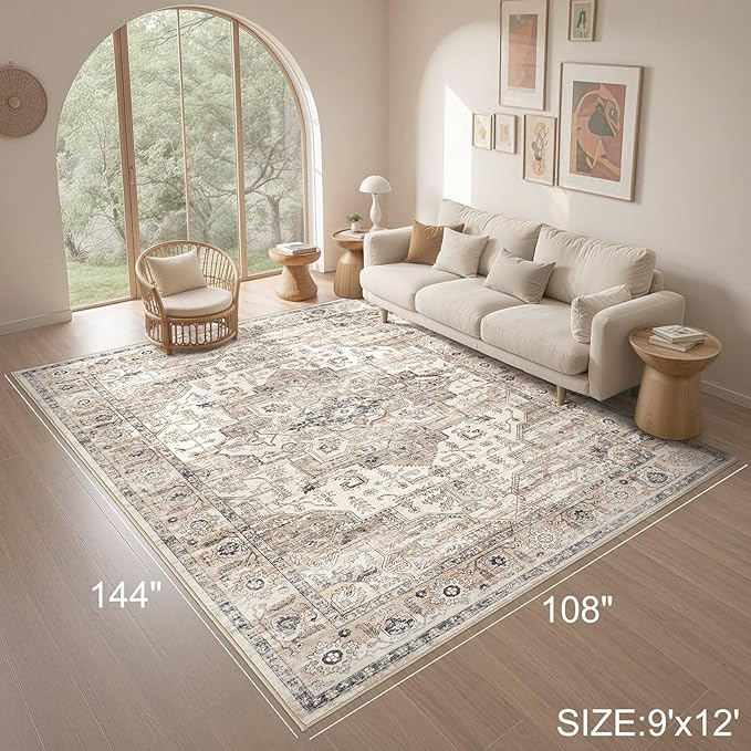 Area Rug 9x12 Washable Vintage - Soft Traditional Rugs for Living Room Large Non Slip Backing with Low Pile Farmhouse Oriental Retro Carpet for Bedroom Dining Room or Home Office - Tea Brown