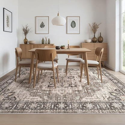 Area Rug 5x8 Washable Vintage - Soft Traditional Rugs for Living Room Large Non Slip Backing with Low Pile Farmhouse Oriental Retro Carpet for Bedroom Dining Room or Home Office - Dark Brown