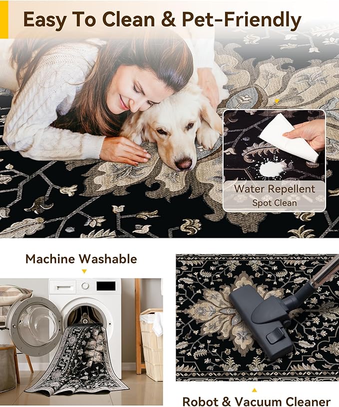 RELEANY Area Rugs 2'6"x8' Runner Rug Non Slip Washable for Kitchen Hallway Bedroom Beside Laundry Room Bathroom Rug, Floor Carpet, Black Brown Neutral Dark Tan