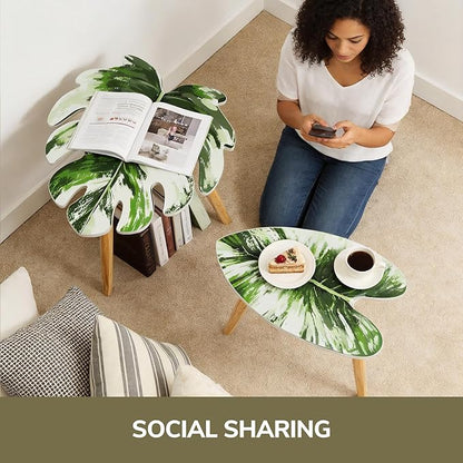 BAMEOS Monstera Leaf Nesting Tables Set of 2, Small Side Tables f Set with Leaf Vein Pattern, Modern Wooden CoffeeTables for Living Room Bedroom Apartment Balcony Yard