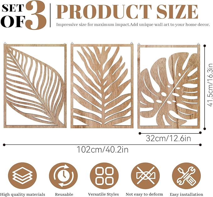 3PCS Tropical Wall Art, Wall Art Decor Leaf Sign Wall Vintage Tropical Plant Wall Rustic Palm Leaf, Modern Wooden Wall Sculptures for for Living room, Bedroom, Office, Wood Decor Accents, Home Decorations(16.5x 12.6x0.2in)