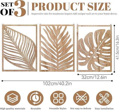 3PCS Tropical Wall Art, Wall Art Decor Leaf Sign Wall Vintage Tropical Plant Wall Rustic Palm Leaf, Modern Wooden Wall Sculptures for for Living room, Bedroom, Office, Wood Decor Accents, Home Decorations(16.5x 12.6x0.2in)