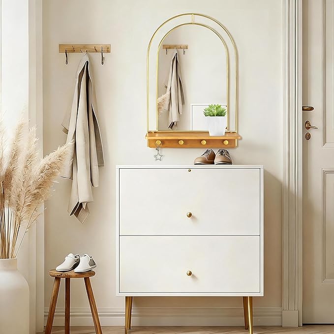 BAODANFU Gold Wall Mirror with Hooks, Arch Bathroom Mirror with Foldable Wood Shelf, 20x30 inches Arched Makeup Vanity Mirrors Decorative for Entryway, Bedroom, Dressing Room