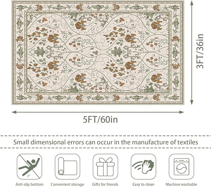 Area Rug 3x5 Machine Washable Vintage Floral Rugs for Living Room, Small Boho Non Slip Indoor Entrance Rug for Kitchen Bedroom, Beige White