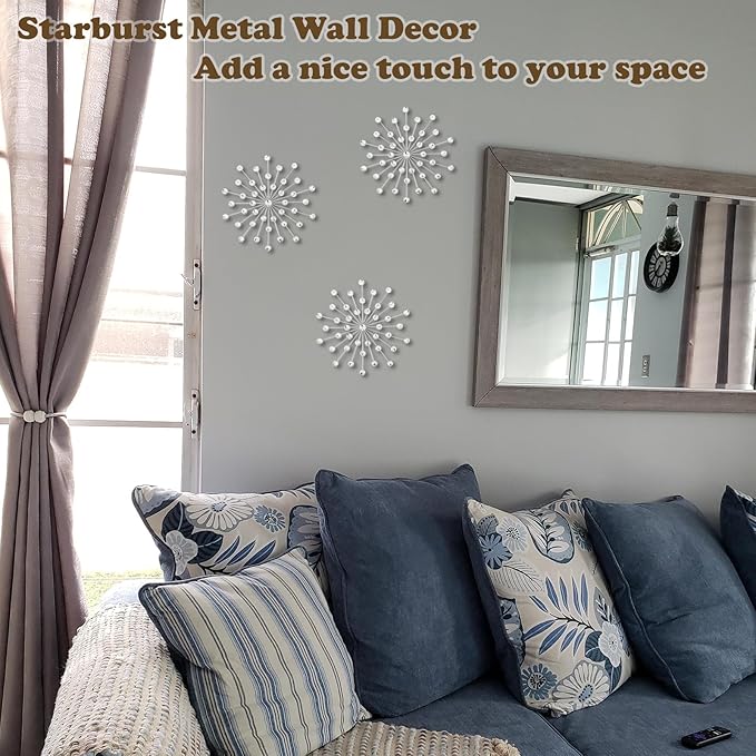 DXYAKY Set of 3 Modern Starburst Wall Decor, Metal Wall Sculpture with Crystal Accents, Silver 3D Wall Art for Living Room, Bedroom & Home, Elegant Hanging Wall Decoration