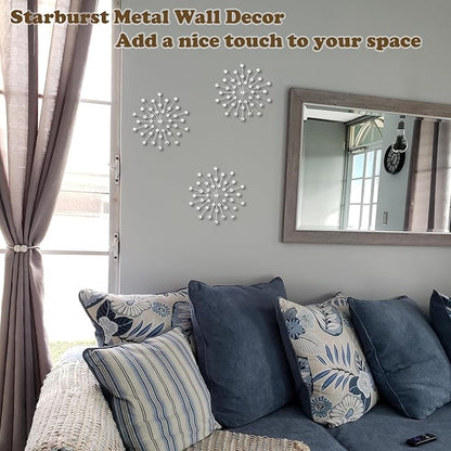 DXYAKY Set of 3 Modern Starburst Wall Decor, Metal Wall Sculpture with Crystal Accents, Silver 3D Wall Art for Living Room, Bedroom & Home, Elegant Hanging Wall Decoration