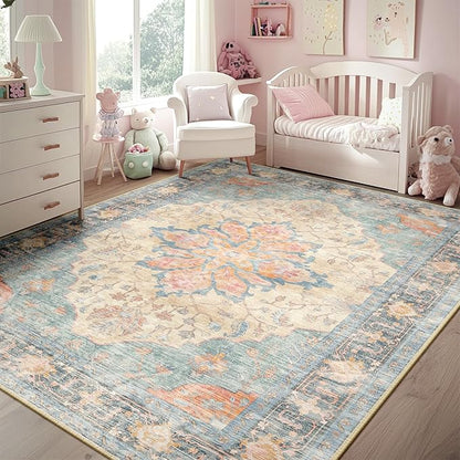 RELEANY Area Rugs 5'x7' Washable Non-Slip, Floral Vintage Distress Print Pattern Medallion Carpet for Living Room Bedroom Dining Room, Blue Orange Red
