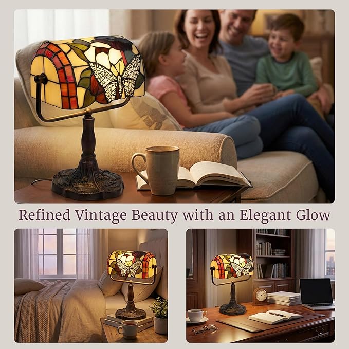 Tiffany Style Bankers Lamp-Stained Glass Butterfly Design Table or Desk Light LED Bulb Included-Vintage Look Colorful Accent Decor by Lavish Home