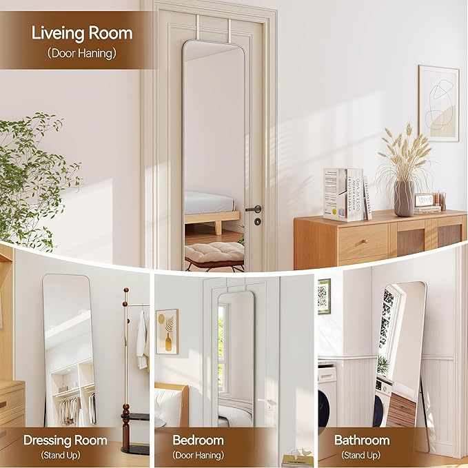 NARCISSUS 57x16 Mirror Door Hanging Full Length Body with Floor Stand or Wall Mounted Metal Aluminum Frame Tempered Glass Rectangle Mirrors for Bedroom Dressing Living Room Bathroom 57 inch Silver