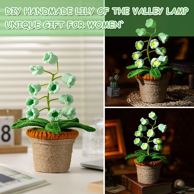 Lily of The Valley Lamp, Green Crochet Artificial Flowers with Night Lights, Cordless Table Lamp -Birthday Gifts for Women,Cozy Home Decor Mothers Day Gifts