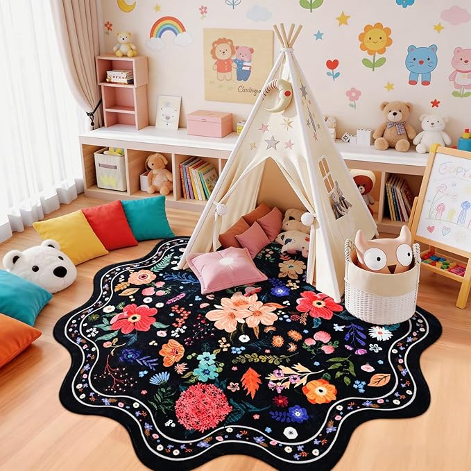 Macgace Black Round Rug for Girls Bedroom, 4ft Machine Washable Floral Area Rugs with Non Slip Backing, Cute Flower Carpet Kitchen Living Room Kids Playroom Decor