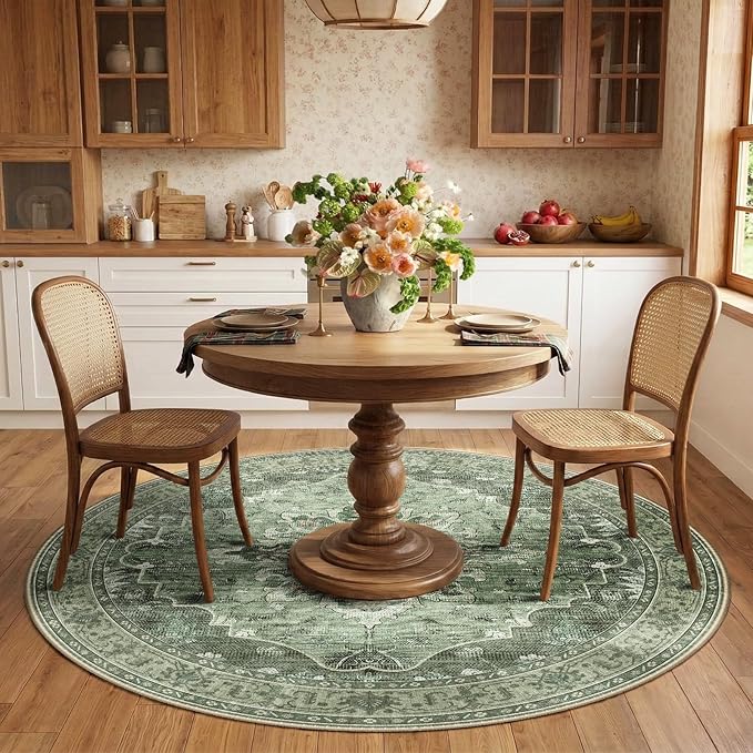 RELEANY Area Rugs Round 6ft Washable Non-Slip, Floral Vintage Distress Print Pattern Medallion Carpet for Living Room Bedroom Dining Room, Dark Green Gray
