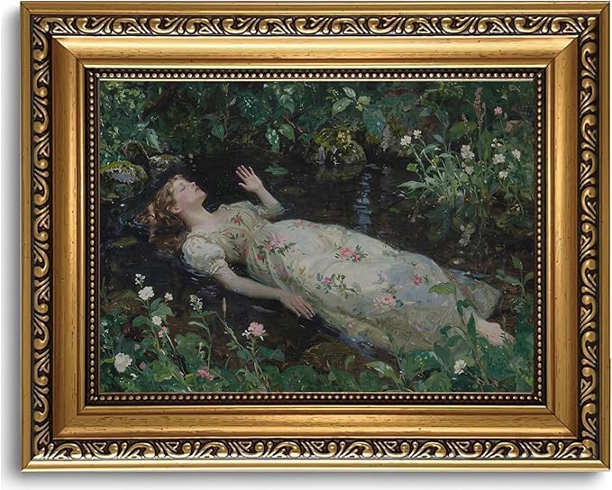WZGZXU Vintage Gold Framed Wall Art Ophelia Canvas Painting Woman Portrait Picture Victorian Gothic Dark Academia Artwork Moody Prints For Living Room Bedroom Bathroom 8x10in