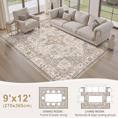 EIEIHOUSE Washable Area Rugs for Living Room - 10x14 Neutral Vintage Distressed Floral Farmhouse Boho Large Soft Floor Rug Indoor Non Slip Carpet for Bedroom Dining Room Office - Brown/Multi