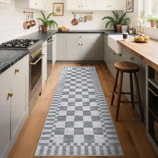 GarveeHome 2×12 Kitchen Runner Rug Non Slip,Grey Checkered Rug,Washable Runner Rug for Hallway Soft Low-Pile Geometric Checkerboard Rugs for Entryway Kitchen Dining Room