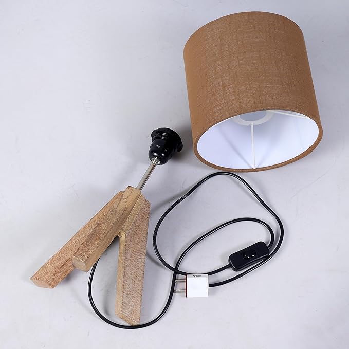 Tripod Table Lamp, 16 Inches Height with Brown Jute Lamp Shade Bedside Lamp Nightstand Lamp for Nursery, Bedroom, Kid Room, Living Room, Light Brown Wooden Base