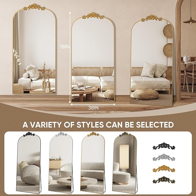 Antok Arched Full Length Mirror, 78"x38" Floor Mirror with Carved, Full Body Mirrors for HomeDecor, Standing/Halling Large Wall Mirror for Bedroom, Living Room, Cloakroom, Gold, Retro Style