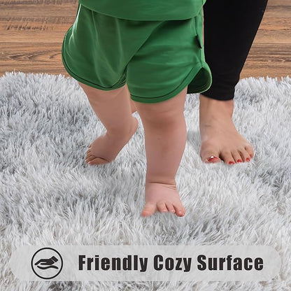 Ultra Soft Runner Rugs for Bedroom Hallways with Upgraded Non-Slip Rubber Backing & Thick Memory Sponge, 2x3 Feet Fluffy Shag Throw Area Rug for Bedside Dorm Tie-dye Light Grey