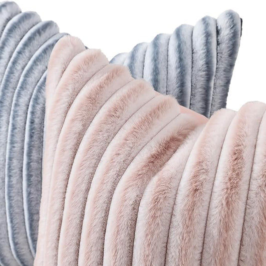 decorUhome Summer Cozy Faux Fur Throw Pillow Covers 22x22 Set of 2 Decorative Plush Striped Modern Farmhouse Boho Couch Euro Sham Pillow Cases with Velvet Back for Sofa Bed Living Roomr, Pink White