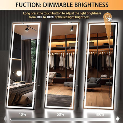 Hasipu Full Length Mirror with Lights, 65" x 21.7" LED Floor, Full Body Dressing Standing, Hanging Mounted Mirror, Square White
