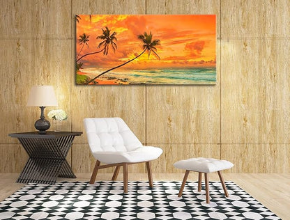 Tropical Beach Sunset Large Wall Art – Stretched & Framed Ocean Waves Canvas Painting, Palm Tree Landscape Farmhause Wall Artwork Decor for living Room Home, Bathroom Office (24x48 Inch)