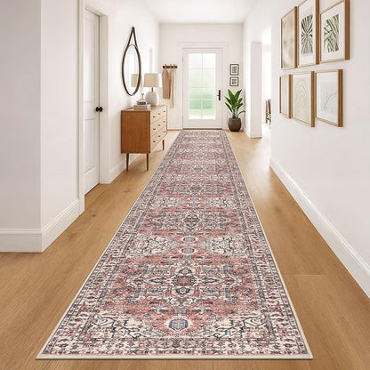 KOZYFLY Runners for Hallways 3x20 Ft Extra Long Faux Wool Washable Thin Hallway Rug Printed Runner Carpet for Entryway Bedroom Stair Kitchen Hall Living Room, Red Salmon/Pink/Navy