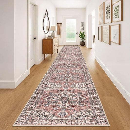 KOZYFLY Runners for Hallways 3x20 Ft Extra Long Faux Wool Washable Thin Hallway Rug Printed Runner Carpet for Entryway Bedroom Stair Kitchen Hall Living Room, Red Salmon/Pink/Navy