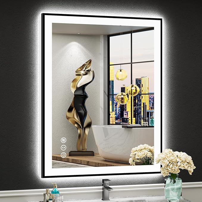 28x36 Black Framed LED Bathroom Mirror with Lights, Backlit and Front Lit Anti-Fog Lighted Vanity Mirrors for Bathroom Wall, Dimmable, 3 Colors, Memory, HD Tempered Glass, Horizontal/Vertical
