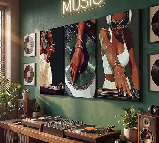 3pcs Trendy Black Girly Dj Canvas Wall Art Fashion African American Black Women Wall Decor Pictures Muisc Record Posters Prints Paintings for Bedroom Living Room Decoration Prepare To Hang