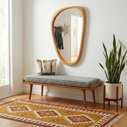 Solid Wood 36"x24" Modern Organic Asymmetrical Mirror, Warm Walnut Irregular Wooden Wall-Mounted Mirror, Sculptural Spa-Like Bathroom Vanity Mirror, Honey Walnut