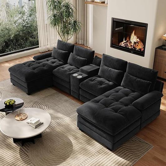 134"U Shaped Sectional Couches for Living Room,Oversized Modular Sectional Fluffy Couch with Chaise Lounge & Tufted Buttons,Modern Chenille 6 Seat Living Room Sofa Set with Storage Console,Black