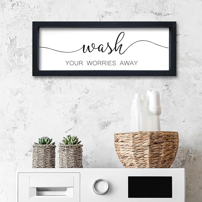 Wash Your Worries Away Sign Funny Laundry Room Wall Decor 16"×6" Rustic Bathroom Small Wooden Framed Wall Hanging Art (Black)