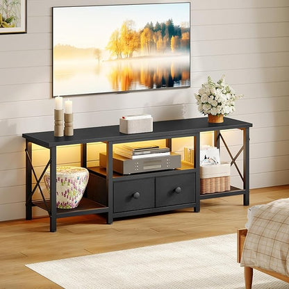 YATINEY Small TV Stand with LED Lights, Entertainment Center with 2 Fabric Drawers and Mesh Shelves, Media TV Console Table for TVs up to 50 Inches, for Living Room, Bedroom, Black DS11DBB