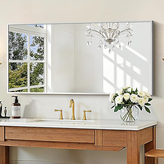 KOCUUY Silver Bathroom Mirror, 48"x24" Rectangle Bathroom Mirror for Wall, HD Tempered Glass, Anti-Rust Brushed Silver Frame, Modern Design for Bathroom, Bedroom, Living Room, Entryway.