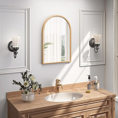 20"x30" Arch Wall Mirror for Wall, Wall Mounted Vanity Mirror for Bedroom, Wood Grain Finish Frame Mirror with Tempered Glass, Vintage Decorative for Bathroom, Entryway, Living Room, Natural