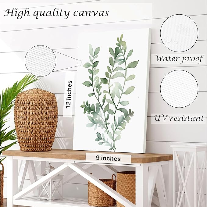Induslyfe Framed Eucalyptus Sage Green Botanical Plant Wall Art Canvas Decor Set of 6, Nature Wall Art Prints Posters, Flower Wall Art for Bathroom Bedroom Living Room 9x12
