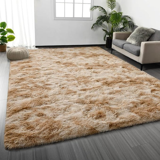 Deerhoo Large Shag Area Rugs 8 x 10, Tie-Dyed Plush Fuzzy Rugs for Living Room, Ultra Soft Fluffy Furry Rug for Bedroom, Indoor Carpet Nursery Rugs for Kids Room Home Decor, Beige