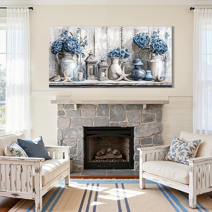 SERIMINO Floral Wall Art, Large Wall Decor, Hydrangea Wall Art, Rustic Beach House Decoration, Blue and Grey Canvas Prints, Earthy Pictures for Living Room Bedroom Mediterranean Farmhouse 24"x48"