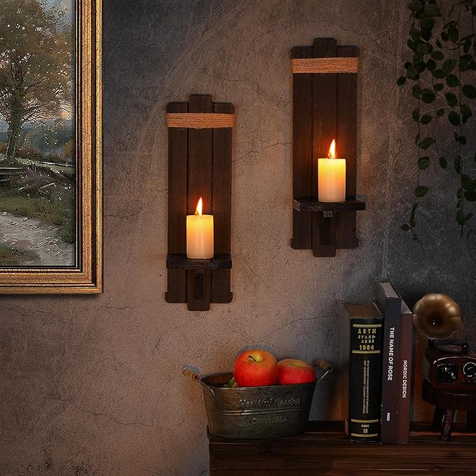 Alphatool Farmhouse Wall Decor Candle Sconces - 2 Pcs Vintage Rustic Handmade Wooden Wall-Mount Candle Holders for Bedroom Livingroom Home Hanging Art Decorations Accessories Gifts, Black