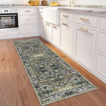 KOZYFLY Runners for Hallways 2x6 Ft Washable Kitchen Runner Rug Boho Runner Rug for Entryway Indoor Printed Oriental Faux Wool Floor Carpet Runner for Bedroom Kitchen Hall, Moss Green/Olive Grove