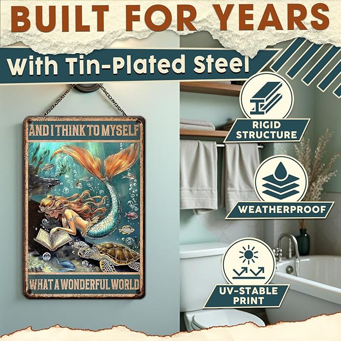 Mermaid Bathroom Wall Art, Vintage Coastal Metal Tin Sign for Beach House & Girls Room Decor - Rustic 8x12 Inch