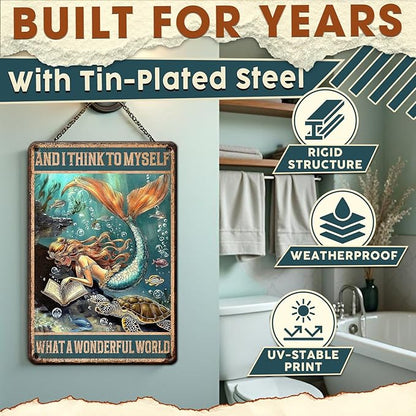Mermaid Bathroom Wall Art, Vintage Coastal Metal Tin Sign for Beach House & Girls Room Decor - Rustic 8x12 Inch