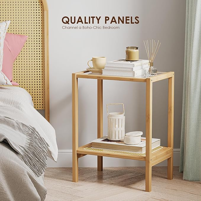 Bamworld Side Table Nature Rattan Night Stand Glass End Table 2-Tier with Storage Boho Bedside Table for Small Spaces Bamboo Coffee Table for Bedroom Living Room